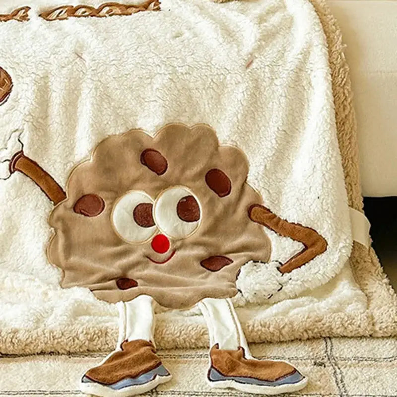 Cream cartoon lamb wool blanket featuring a cream plush design with a cartoon chocolate chip cookie for bedroom decorbites cartoon lamb