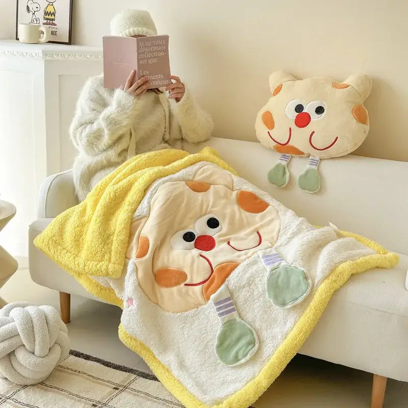 Soft cream cartoon lamb wool blanket with cheerful cat face and yellow fleece edge for bedroom or sofa decorbites cartoon lamb
