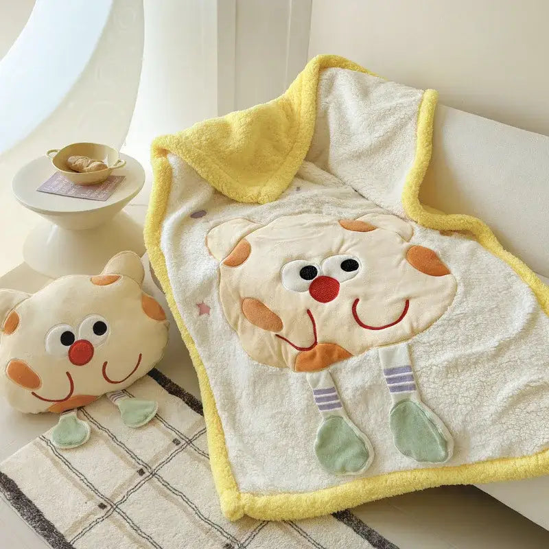 Cream cartoon lamb wool blanket in yellow and white plush with embroidered face for cozy decorbites cartoon lamb decor