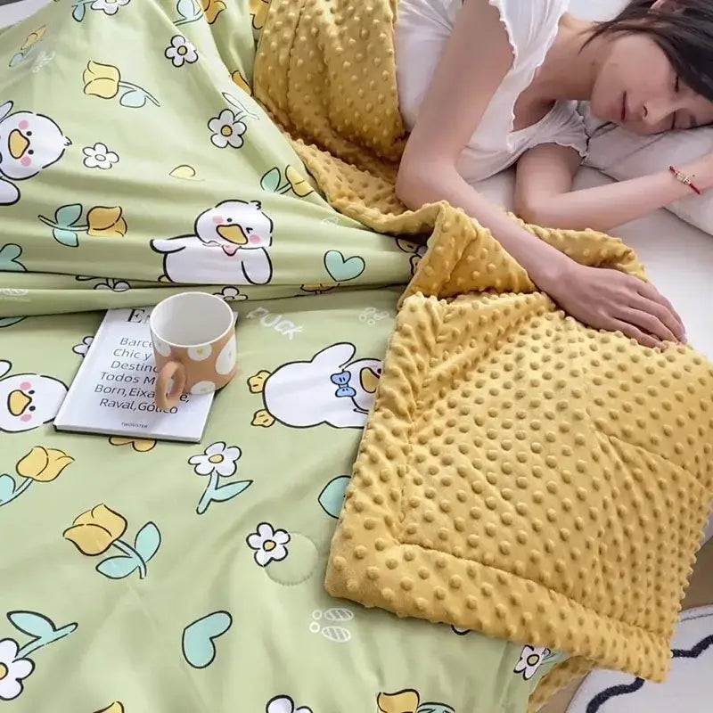 Yellow textured blanket with soft dotted surface in a cream cartoon pattern summer quilt for bedroom decorbites cartoon pattern