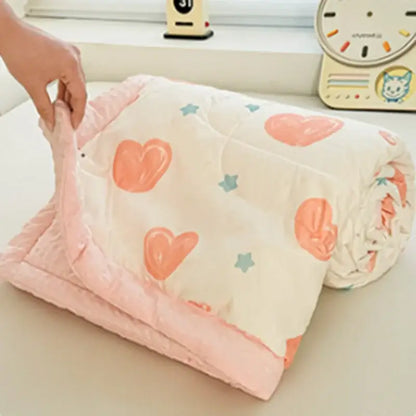 Cream cartoon pattern summer quilt with peach hearts light blue stars and pink fleece border for soft duck comforter