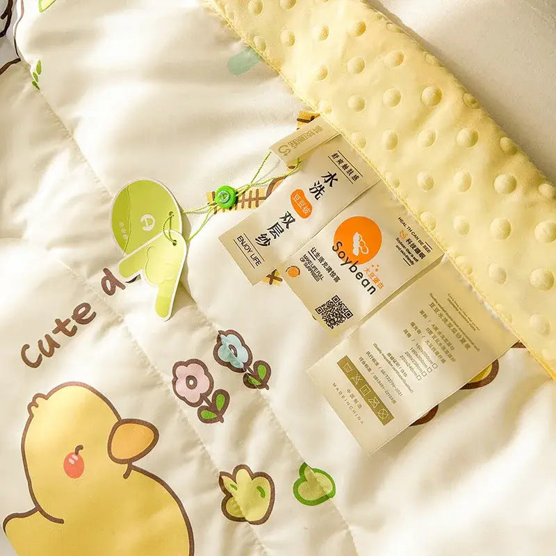 Cream cartoon pattern summer quilt with playful yellow duck and floral design for bedroom decorbites cartoon pattern
