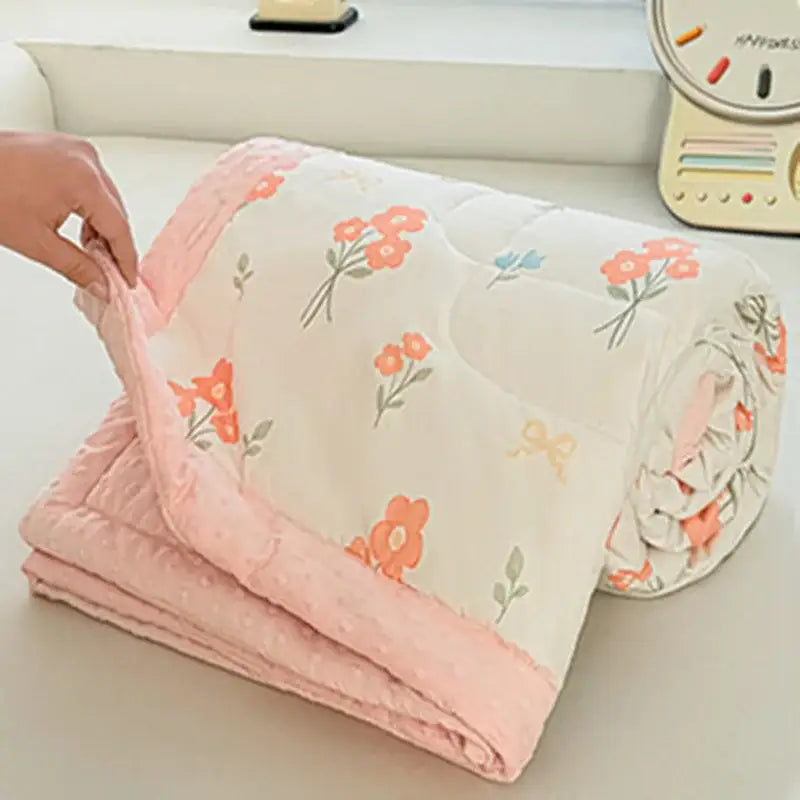 Cream cartoon pattern summer quilt with a soft cream base floral design and plush pink minky border for bedroom decorbites cartoon pattern