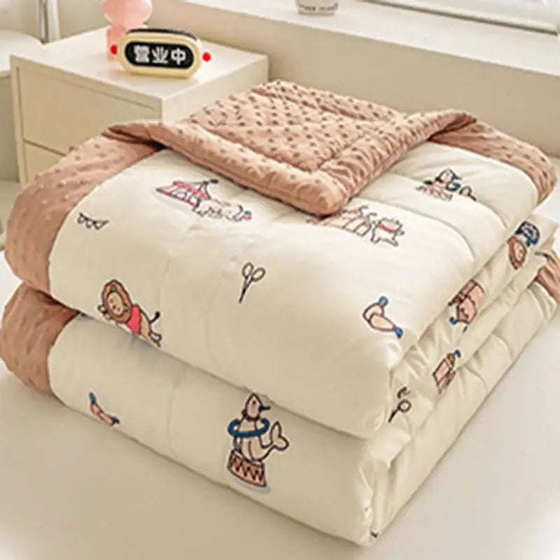 Cream cartoon pattern summer quilt with playful animal design and soft pink trim for bedroom decorbites cartoon pattern