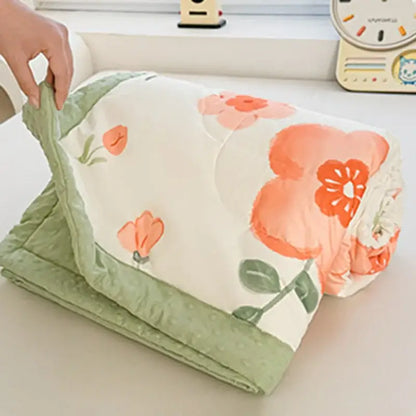 Cream cartoon pattern summer quilt with a soft duck comforter featuring coral floral design and plush mint-green border