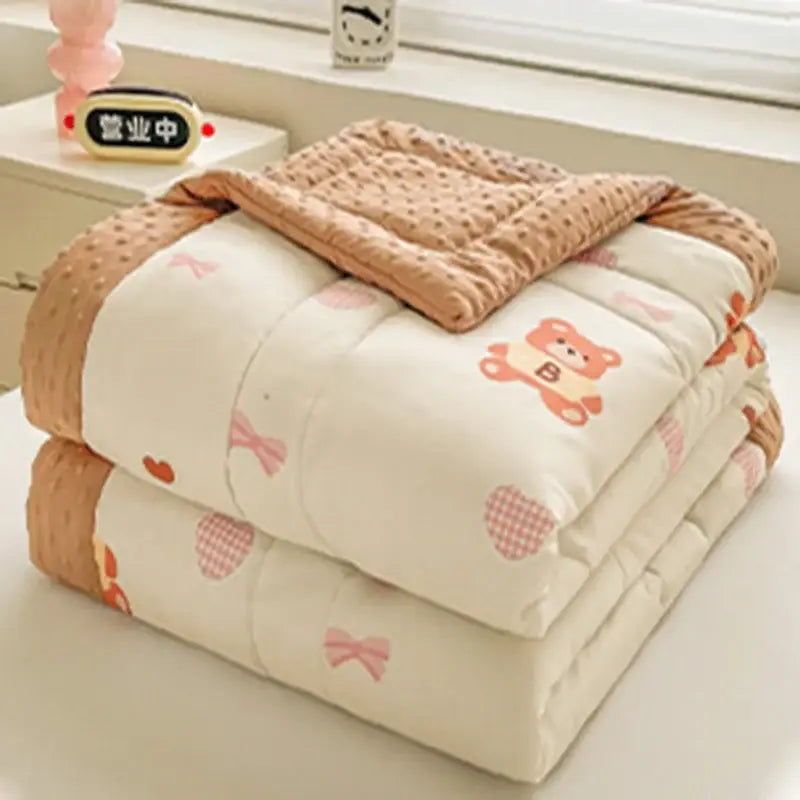 Cream cartoon pattern summer quilt with soft duck comforter, featuring pink bow and bear designs and textured tan border