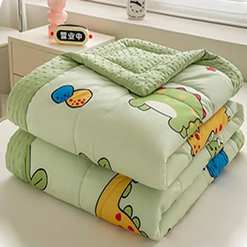 A soft light green cartoon pattern summer quilt with playful dinosaur and fruit decorbites cartoon pattern design