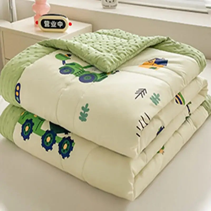 Cream cartoon pattern summer quilt featuring green tractor farm prints with a matching light green textured border