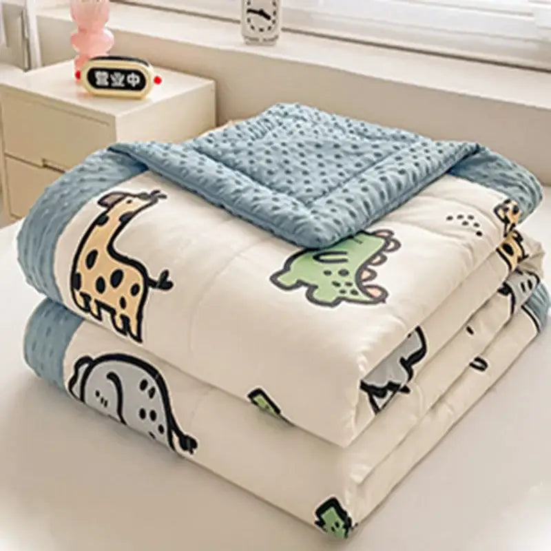 Cream cartoon pattern summer quilt with playful pastel animals and light blue textured border for bedroom decorbites cartoon pattern