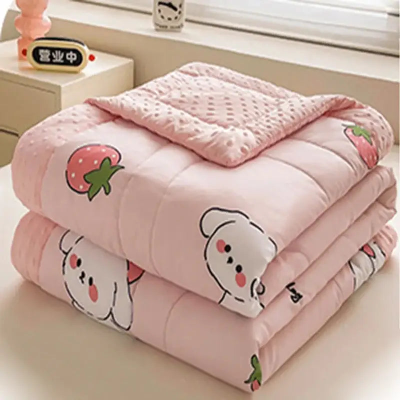Pink quilted cream cartoon pattern summer quilt with cute bears and strawberries on soft plush fabric for bedroom decorbites cartoon pattern
