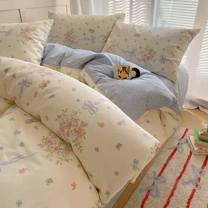 Cream cartoon printed cotton bedding set with cream floral design featuring pink blue and green blossoms for decorbites cartoon printed decor