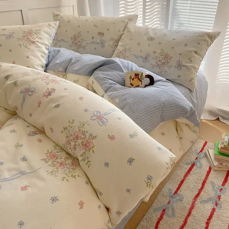 Cream cartoon printed cotton bedding set with cream floral design featuring pink blue and green blossoms for decorbites cartoon printed decor