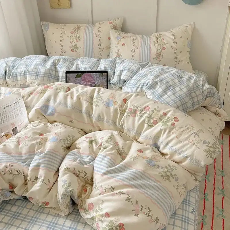 Cream cartoon printed cotton bedding set featuring cream floral and striped duvet with soft pastel accents decorbites cartoon printed