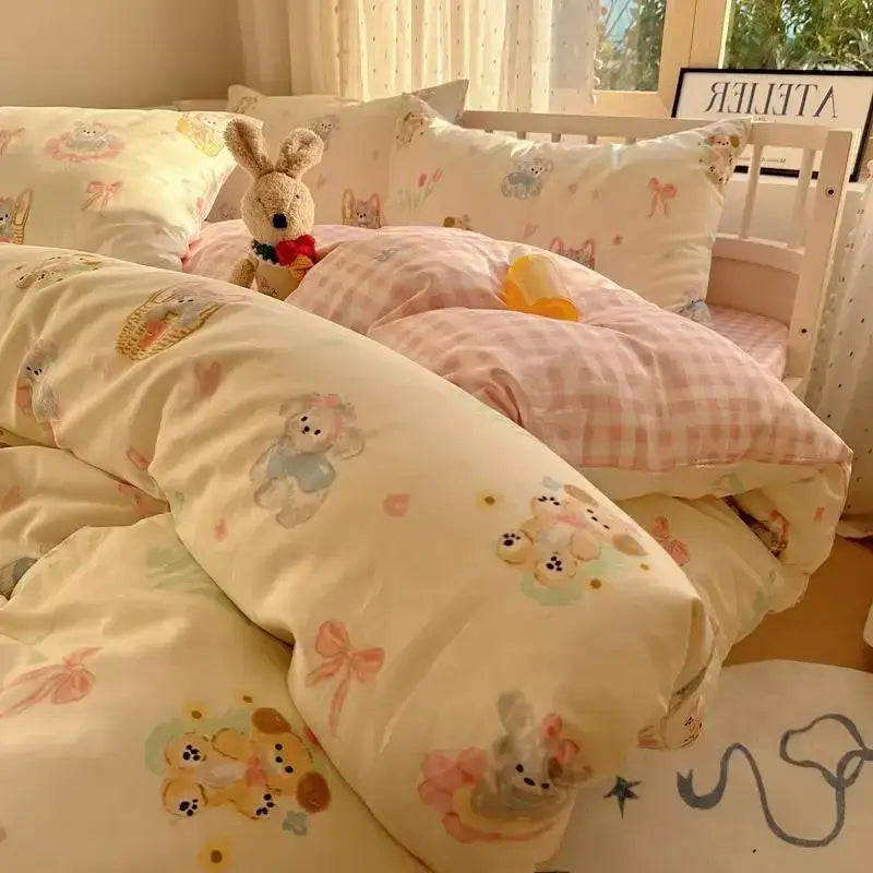 Cream cartoon printed cotton bedding set featuring a cream duvet cover with pastel teddy bears and bows decorbites cartoon printed