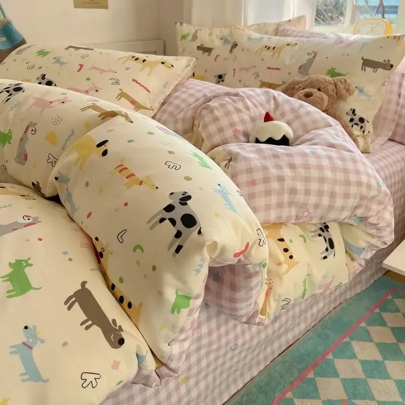 Cream cartoon printed cotton bedding set featuring playful dogs and pink gingham pillows for bedroom bear decor