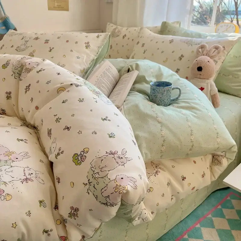 Cream cartoon printed cotton bedding set featuring a cream quilted duvet cover with pastel rabbits flowers and stars decorbites cartoon printed design