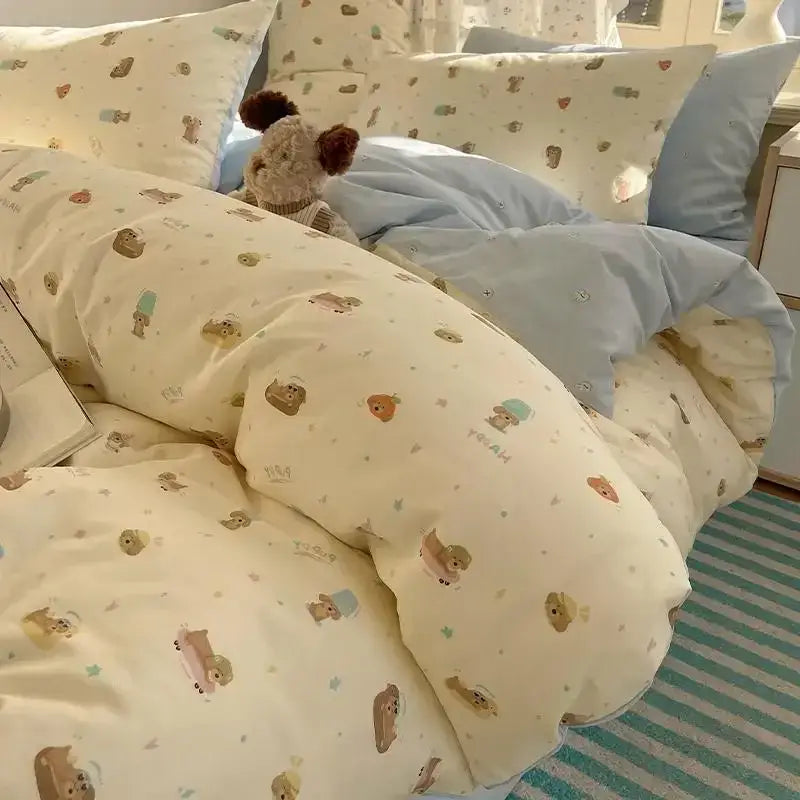 Cream cartoon printed cotton bedding set with playful pastel bear decor in a cream-colored duvet set