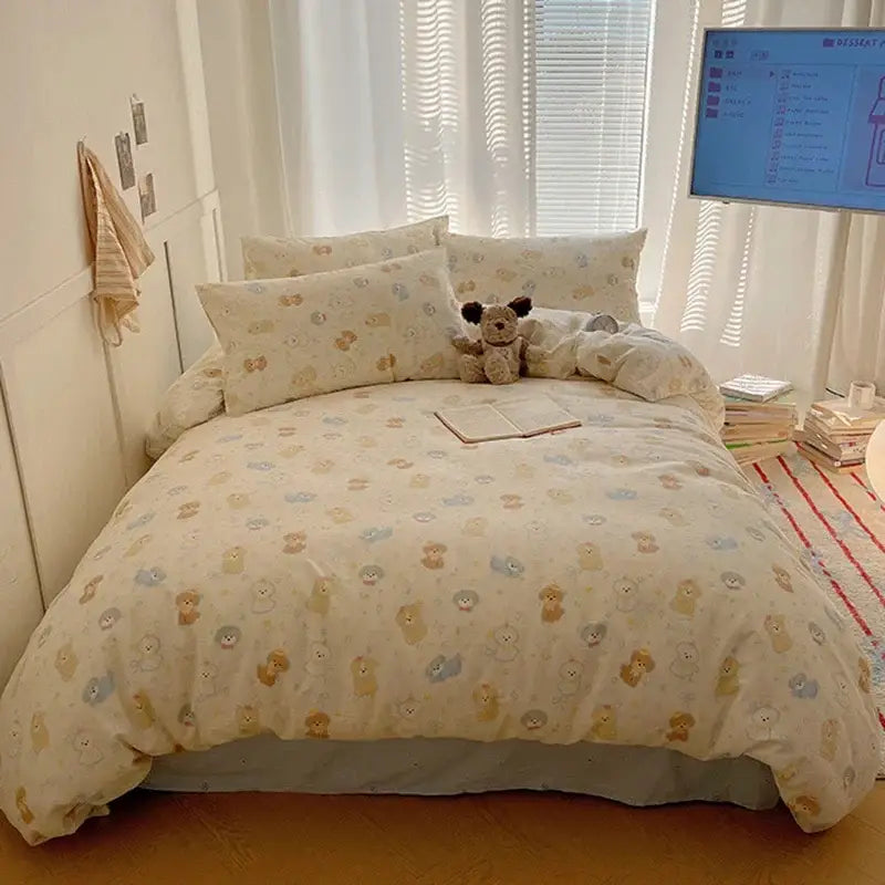 Cream cartoon printed cotton bedding set featuring pastel bears in beige and light blue for bedroom decorbites decor