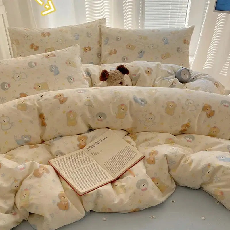 Cream cartoon printed cotton bedding set with plush texture featuring pastel teddy bears and puppies for bedroom decorbites cartoon printed