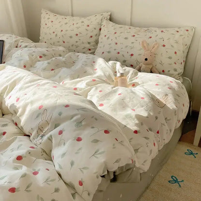 Cream cartoon printed cotton bedding set featuring a delicate pattern of pink strawberries green leaves and bunnies decorbites cartoon printed