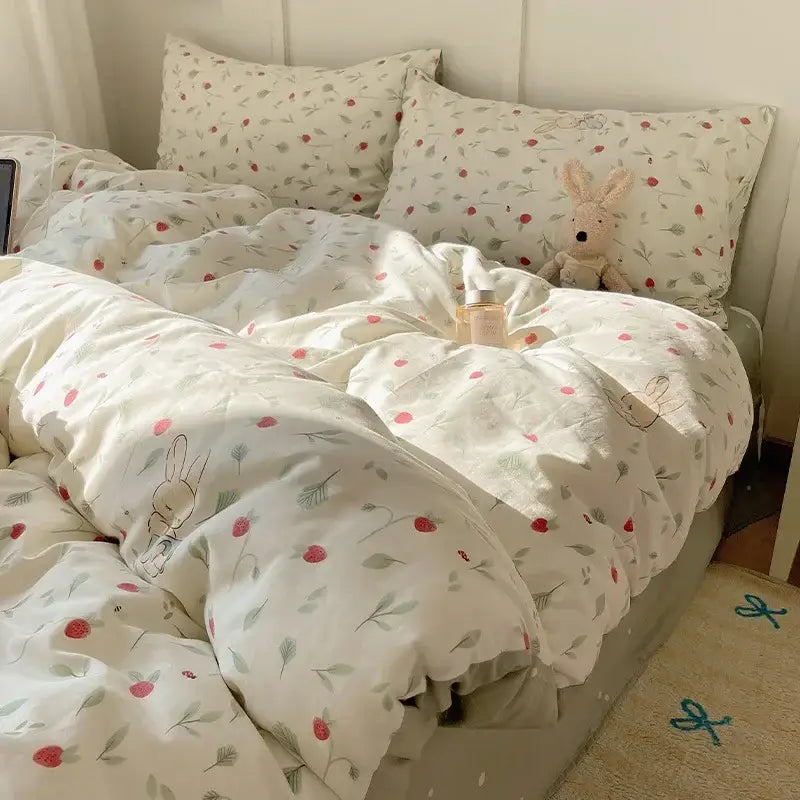 Cream cartoon printed cotton bedding set featuring a delicate pattern of pink strawberries green leaves and bunnies decorbites cartoon printed