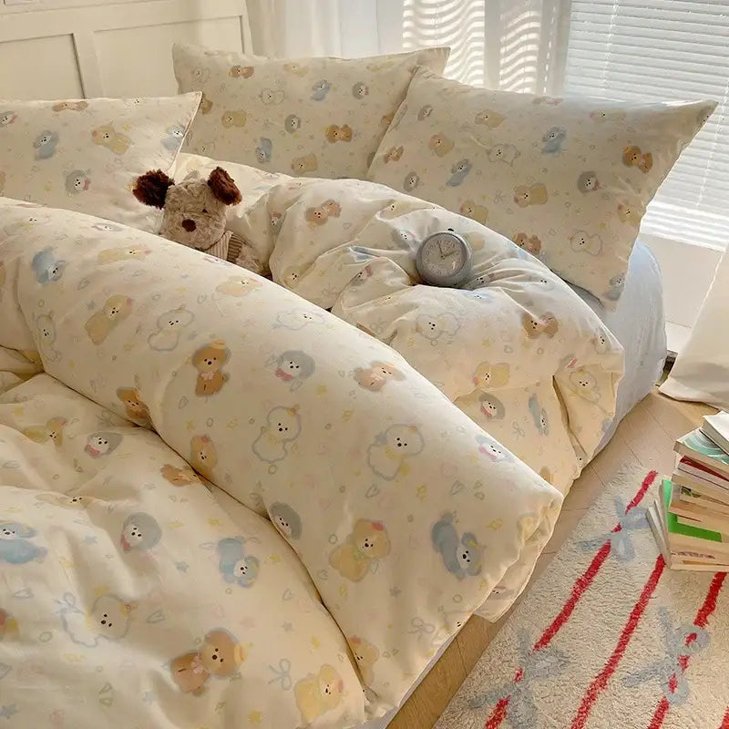 Cream cartoon printed cotton bedding set featuring a plush cream duvet with pastel-toned bear decorbites cartoon prints