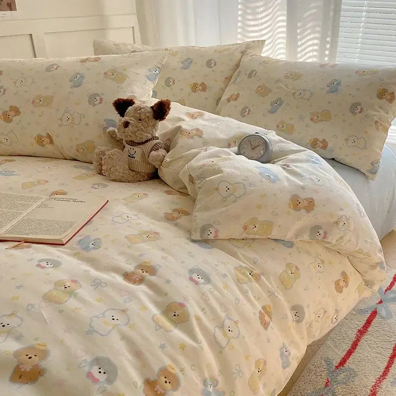 Cream cartoon printed cotton bedding set featuring pastel cartoon bears in beige and light blue for bedroom decorbites decor