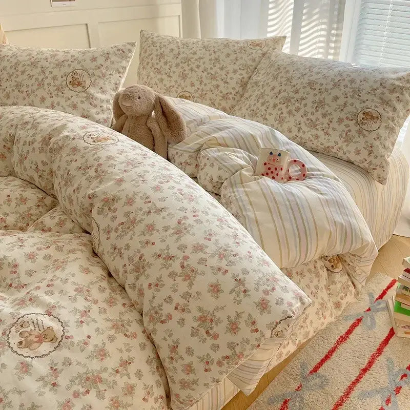 Cream cartoon printed cotton bedding set with floral pattern and embroidered bear motifs for bedroom decorbites cartoon printed decor