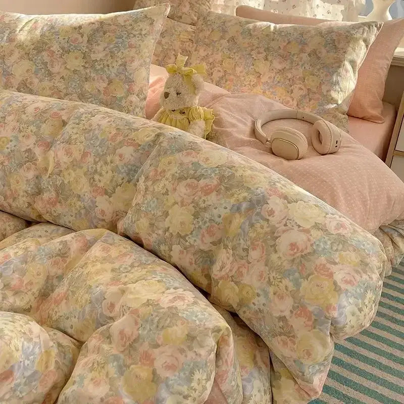 Floral-patterned bedding set in soft pastel yellow pink and blue made of cartoon printed cotton for bedroom decorbites decor