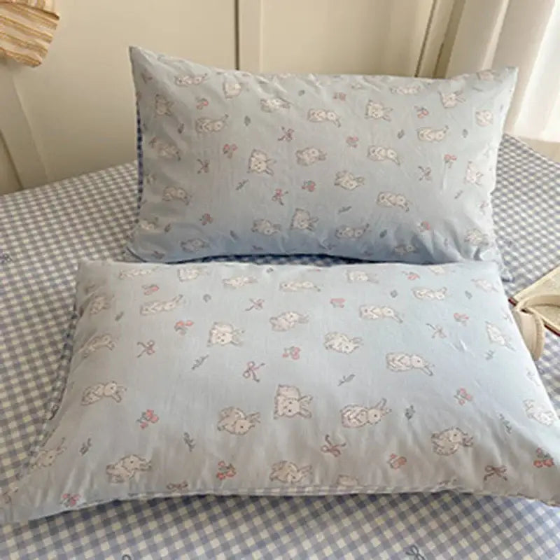 Light blue cartoon printed cotton pillowcases with muted pink and gray bunny pattern in decorbites bedding set bear decor