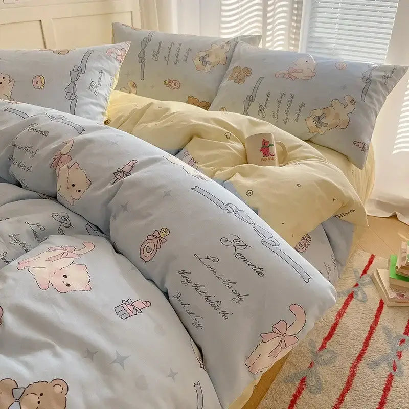 Light blue and yellow kawaii cream cartoon printed cotton bedding set with teddy bears and bows for bedroom decorbites decor