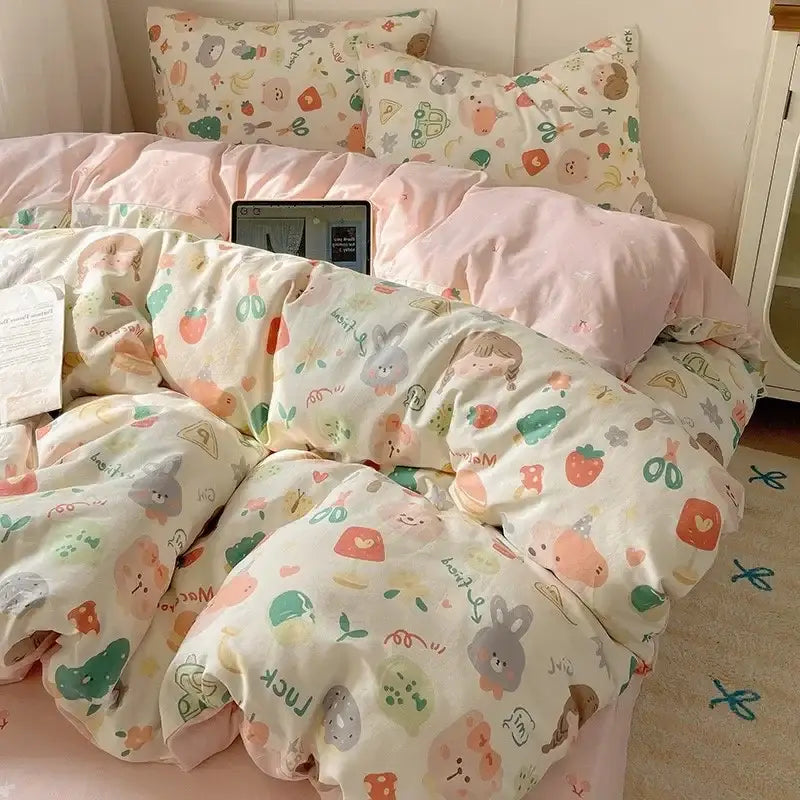 Cream cartoon printed cotton bedding set with pastel bunnies and strawberries in soft decorbites cartoon printed style