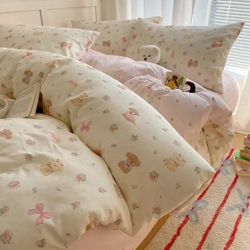 Pastel cream cartoon printed cotton bedding set with embroidered teddy bear and floral patterns for bedroom decorbites decor