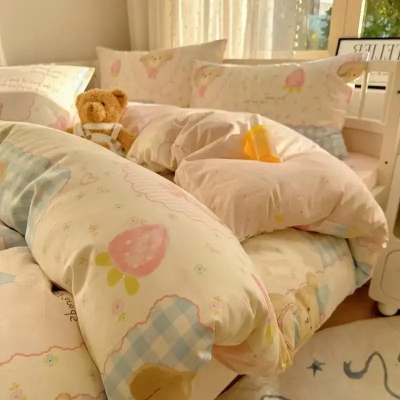 Cream cartoon printed cotton bedding set with pastel colors and cute bear and strawberry decorbites cartoon printed pattern