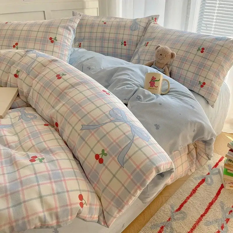Pastel plaid duvet bedding set with cherry ribbon motifs in cream cartoon printed cotton for bedroom bear decorbites cartoon printed