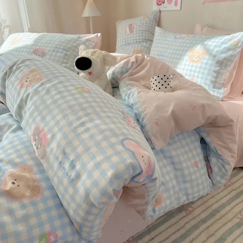 Pastel blue and white checkered cartoon printed cotton bedding set with embroidered teddy bear decorbites cartoon printed designs