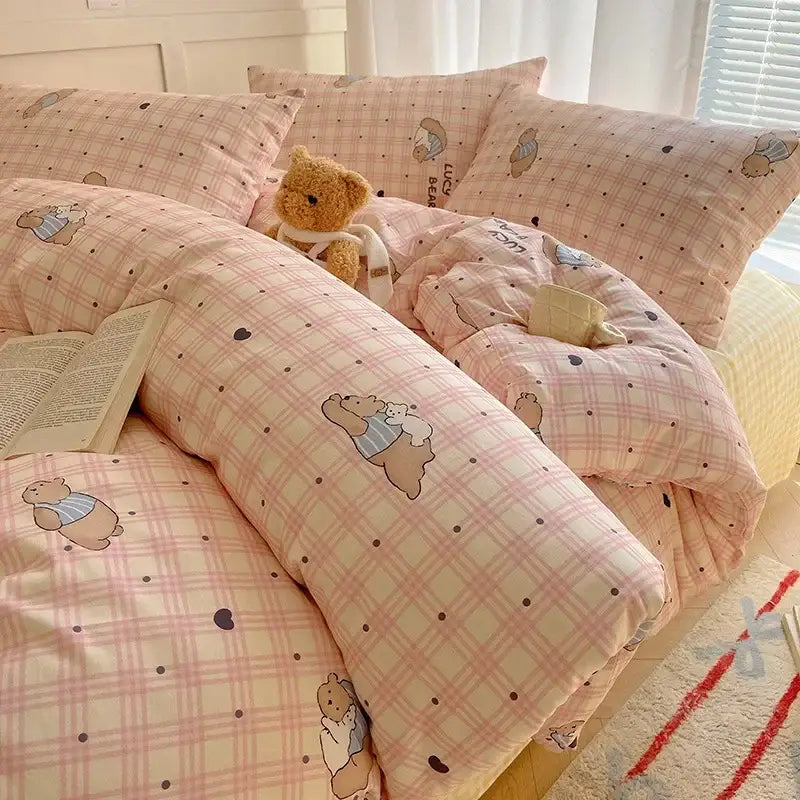 Cream cartoon printed cotton bedding set featuring pink and cream plaid with cute bear decorbites cartoon printed design