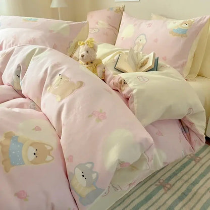 Cream cartoon printed cotton bedding set featuring pink and cream decorbites cartoon printed dog illustrations