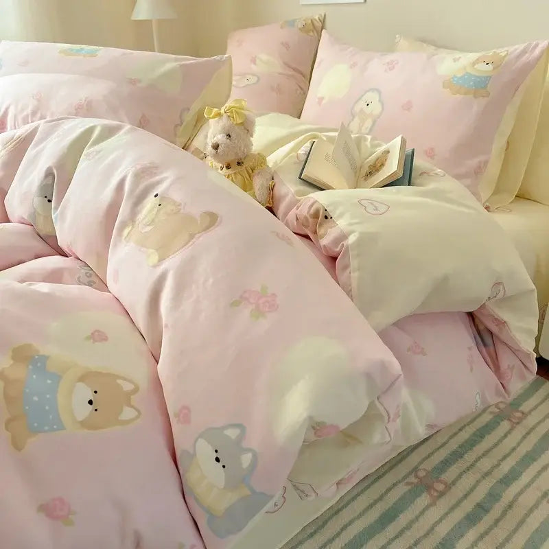 Cream cartoon printed cotton bedding set featuring pink and cream decorbites cartoon printed dog illustrations