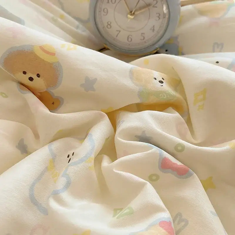 Cream cartoon printed cotton bedding set featuring soft cream fabric with playful bears stars and bones for bedroom decorbites cartoon printed