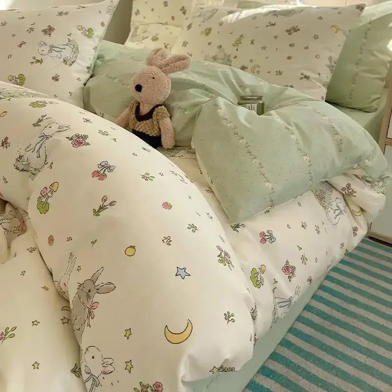 Cream cartoon printed cotton bedding set featuring a soft duvet cover with pastel rabbits flowers and moons decorbites cartoon printed