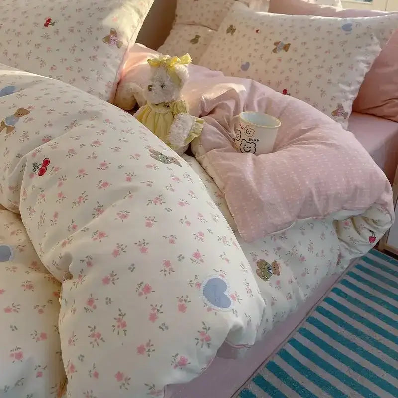 Soft cream cartoon printed cotton duvet cover with pink floral and bear pattern from decorbites bedding set