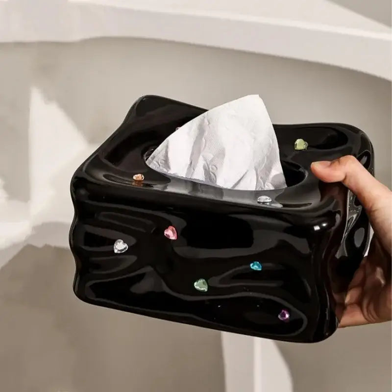 Black glossy ceramic heart gemstone tissue box with colorful heart gemstones for decorbites heart gemstone decorbites living room decor