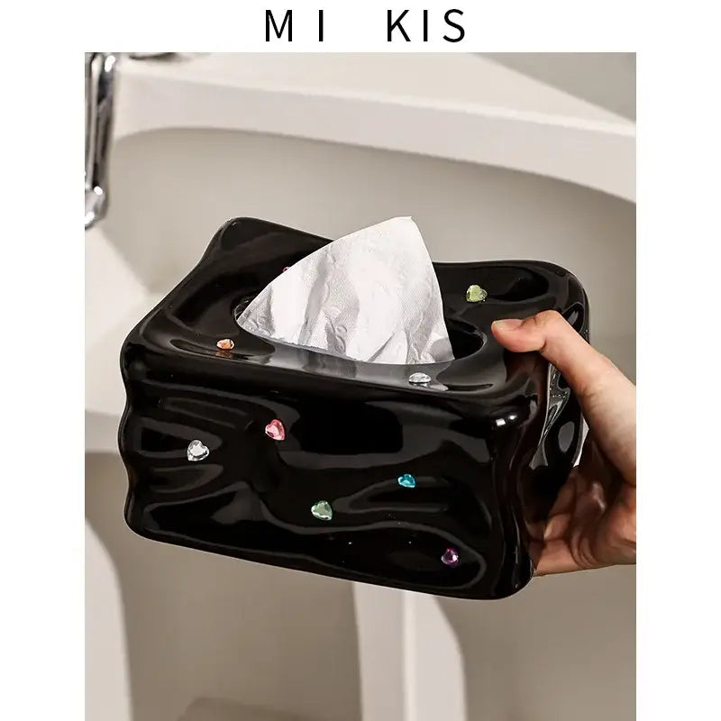Black glossy ceramic tissue box with multicolored heart gemstone embellishments for decorbites heart gemstone decorbites heart gemstone tissue