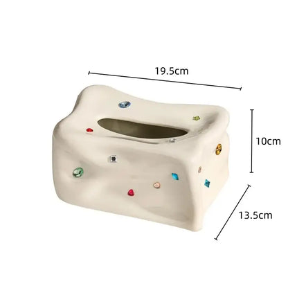 Cream ceramic heart gemstone tissue box with textured surface and colorful decorbites heart gemstone embellishments