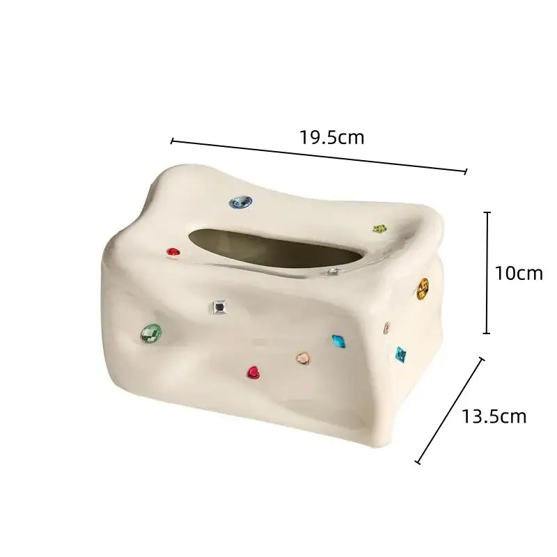 Cream ceramic heart gemstone tissue box with textured surface and colorful decorbites heart gemstone embellishments
