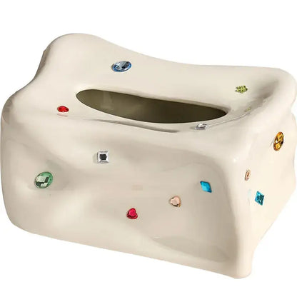 Cream ceramic heart gemstone tissue box with colorful sparkling gemstone accents for living room decorbites decor