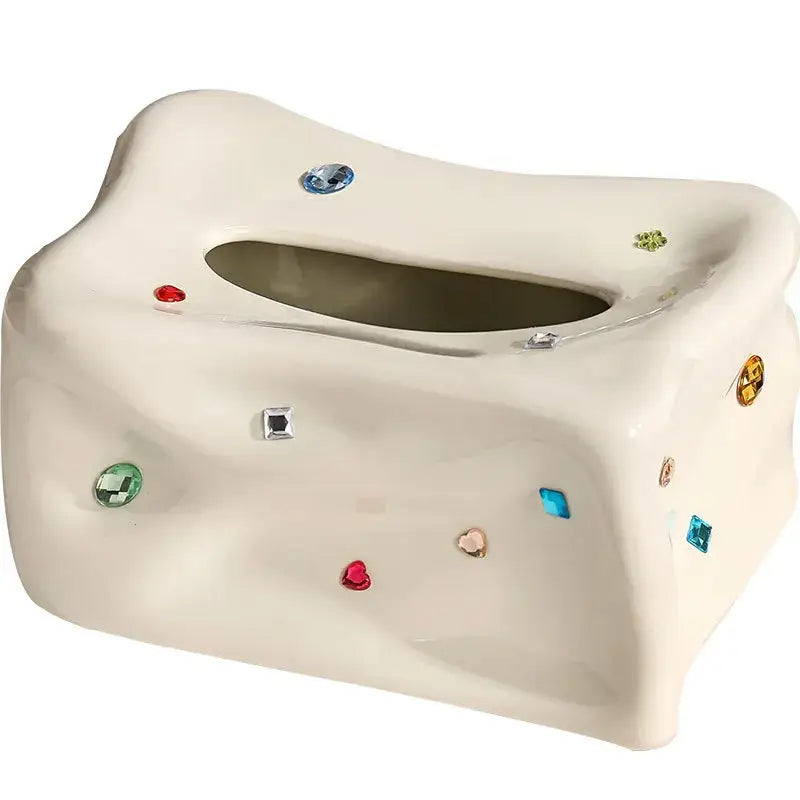 Cream ceramic heart gemstone tissue box with colorful sparkling gemstone accents for living room decorbites decor
