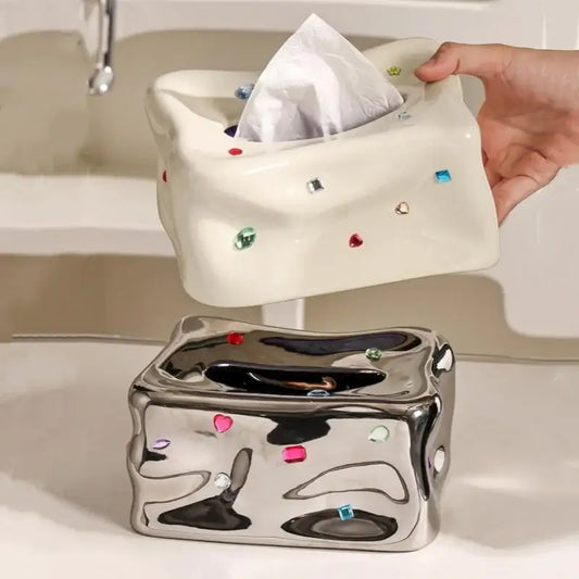 Cream ceramic heart gemstone tissue box with glossy sculpted surface and colorful gemstone decorbites heart gemstone accents