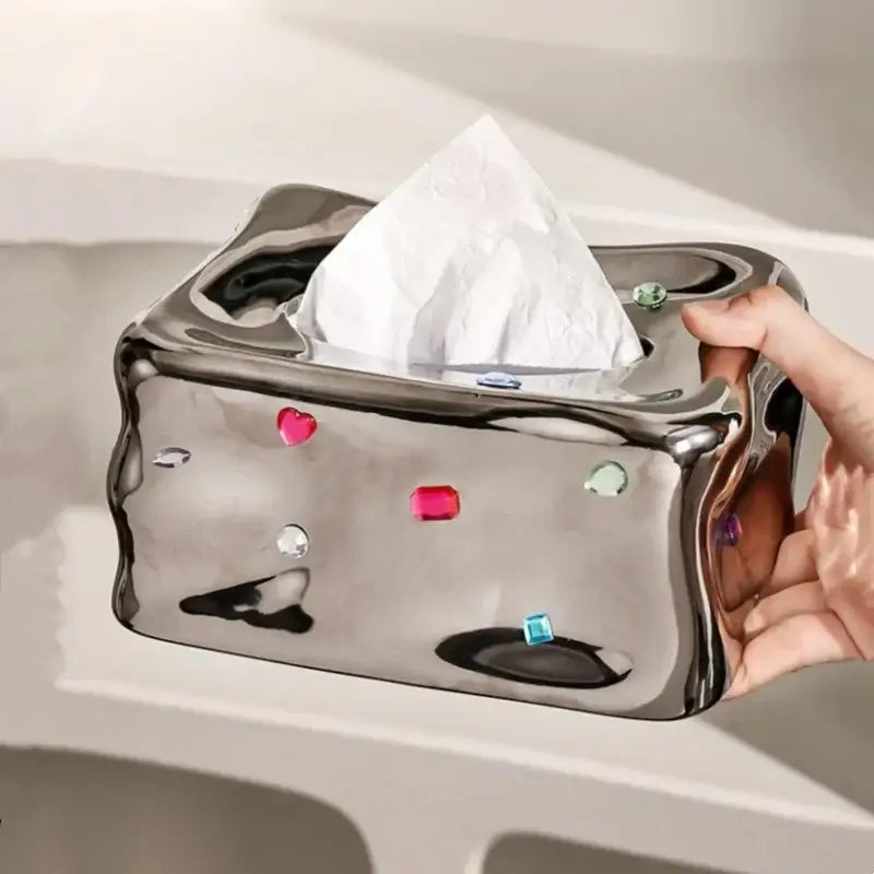 Shiny metallic tissue box with colorful gemstone accents for living room decorbites heart gemstone collection